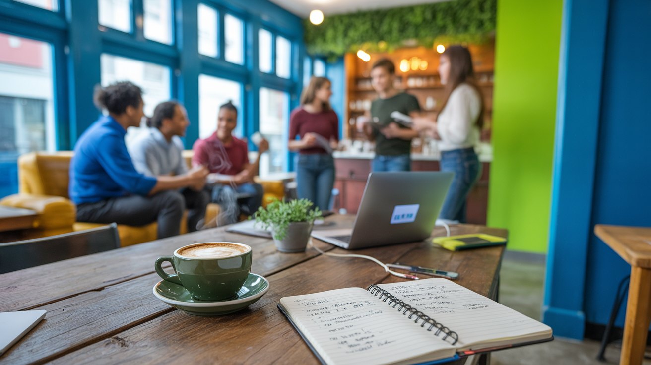 People working and talking in a coworking space with a coffee bar
